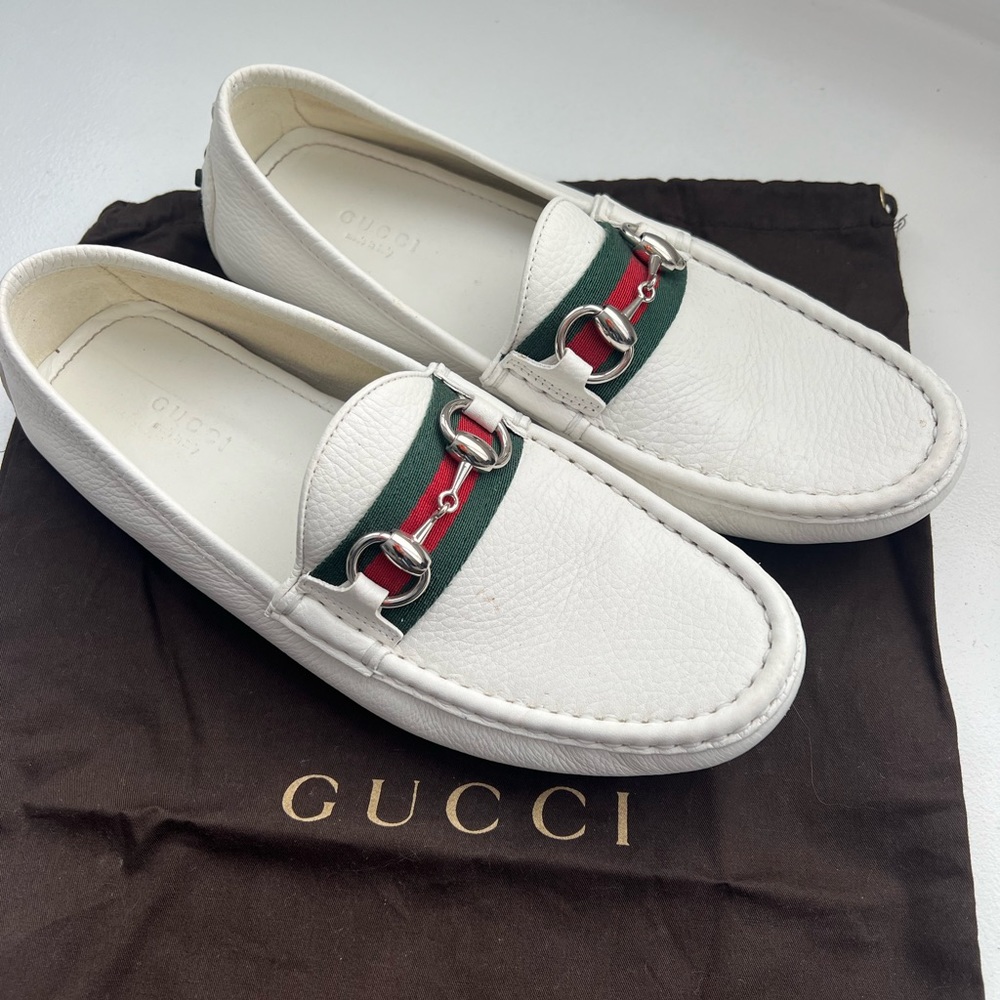 Gucci horsebit white leather loafer size 38